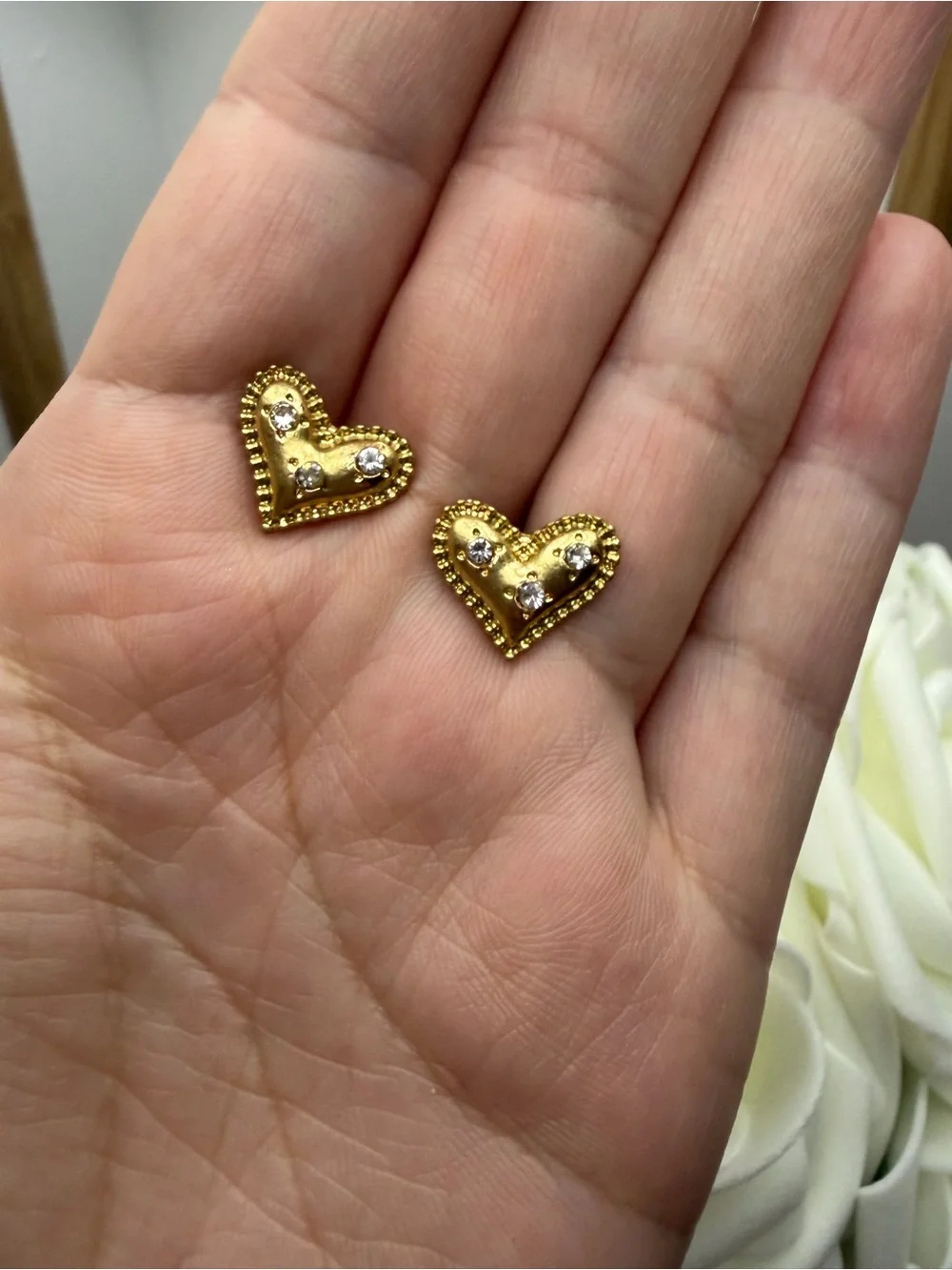 Heart-Shaped Gold Crystal Stud Earrings - Women Jewelry